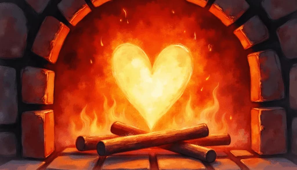 A glowing heart-shaped flame burns brightly in a fireplace, symbolizing the fire of God’s love — warm, pure, and everlasting, igniting faith and passion within the believer’s heart.