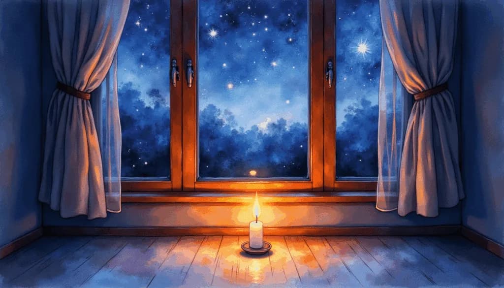 A single candle glows before a window at night, illuminating soft curtains and reflecting the starlit sky — symbolizing prayer, hope, and God’s light shining in the quiet moments of faith.
