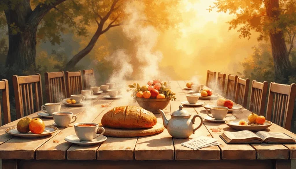 A sunlit outdoor table set with bread, fruit, tea, and an open Bible — symbolizing fellowship, gratitude, and God’s daily provision.
