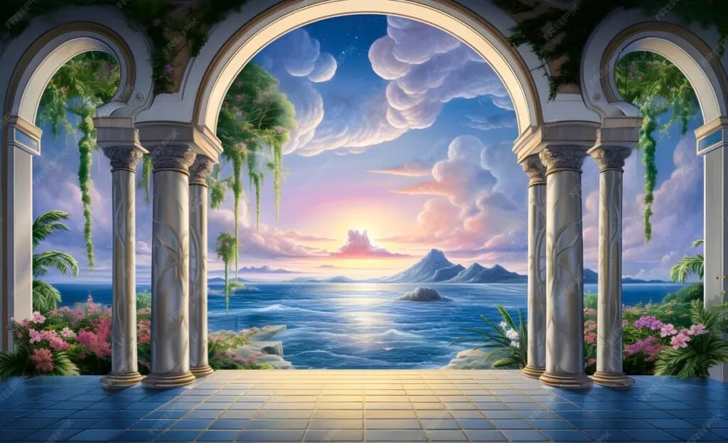 Heavenly vision of golden gates opening to a radiant ocean sunrise, symbolizing Jesus as the Door and the way into the Kingdom of Heaven.