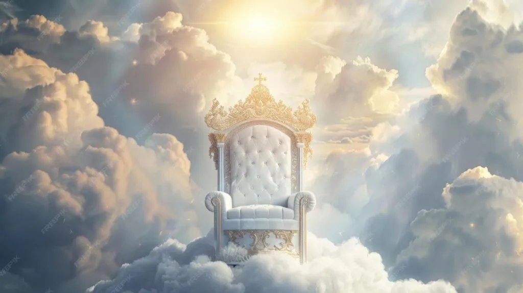 Heavenly throne bathed in glory, representing the believer’s present position of being seated with Christ in authority and rest.