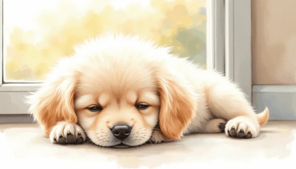 A fluffy golden puppy lies on the floor by a window, looking puzzled and curious, seemingly confused by the moving boxes around him — capturing a tender moment of innocence and change.