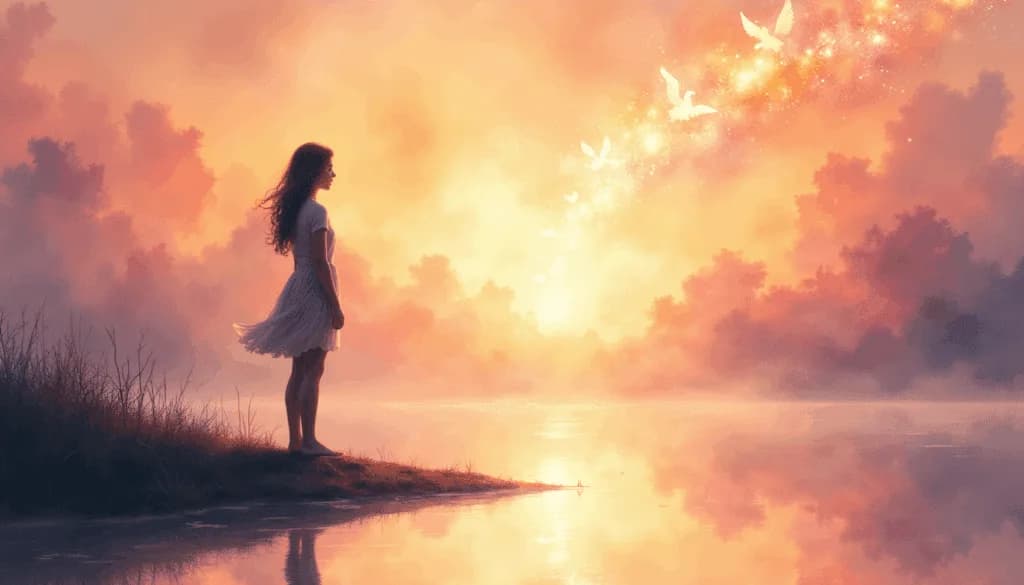 A woman in a light dress stands by a calm lake at sunrise, bathed in golden light as white doves soar into the sky — a peaceful symbol of awakening, renewal, and the guiding presence of the Holy Spirit.