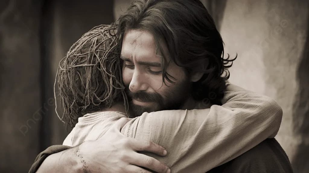 Jesus hugging someone with dirty and tangled hair